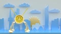 3d rendering , 3d illustrator,The golden robot clock on the shelf The background is graphic. The city has a sunrise