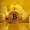 A 3D rendering image of group of gold bitcoin lay down on the floor depth of field shallow focus