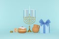 3d rendering Image of Jewish holiday Hanukkah with menorah or traditional Candelabra,gif box, jar ,gold coin and wooden dreidels Royalty Free Stock Photo