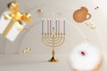 3d rendering Image of Jewish holiday Hanukkah with menorah or traditional Candelabra,gif box, jar ,gold coin and wooden dreidels Royalty Free Stock Photo