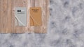 A 3d rendering image of name card on wooden plate place on white fur
