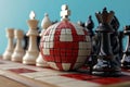 The 3D rendering includes a checkered sphere and a fully set chess board with its accompanying chess pieces Royalty Free Stock Photo