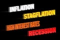 3d rendering of Inflation, stagflation, high interest rates, recession texts