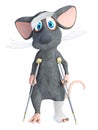 3D rendering of an injured cartoon mouse on crutches