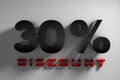 3D rendering inscription 30% discount on a white background.