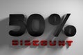 3D rendering inscription 50% discount on a white background.