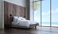 The minimal bedroom interior design and brick wall texture background and sea view
