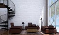 The modern lounge and living room interior design and brick wall texture background and sea view