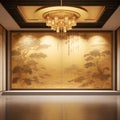 3d rendering interior design of modern luxury hotel lobby with gold wall decoration, 3D mockup, generative ai Royalty Free Stock Photo