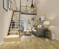 3d rendering white wood living room near stair minimal style