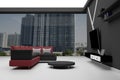 3D Rendering : Interior of High Rise Condo - red and black Sectional Sofa with little desk and television