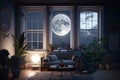 3d rendering interior of living room with big window and moon.