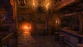 3D rendering of the interior of a medieval tavern bar lit by candlelight and burning fire