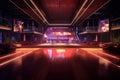 3D rendering of the interior of a night club with neon lights, empty nightclub, with dim lighting casting a soft warm glow, AI Royalty Free Stock Photo
