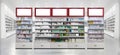 3D rendering interior of pharmacy store. Drugs, pills, Skincare and Cosmetic products on shelf