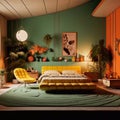 3D rendering of an interior with a yellow bedroom and green walls. Royalty Free Stock Photo