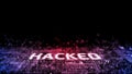 3D Rendering of Internet cyber attack. Hacked text with glitch effect on stream of binary data background.