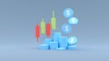 3d rendering invester concept stock market with candle sticks chart, bar graph and coins on blue background