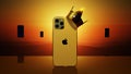 CHENNAI, INDIA- 16 OCTOBER, 2020:3d rendering of an iPhone 12 pro max wearing a crown against a sunset
