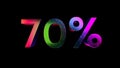 3d rendering of iridescent seventy percent off discount. Holographic 70 digit number and percent on black background Royalty Free Stock Photo