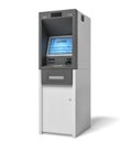 3d rendering of an isolated bank ATM machine with a lit blue screen on white background.