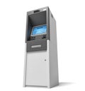 3d rendering of an isolated bank ATM machine with a lit blue screen on white background.