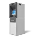 3d rendering of an isolated bank ATM machine with a lit blue screen on white background.