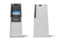 3d rendering of an isolated bank ATM machine with a lit blue screen on white background.