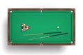 3d rendering of an isolated billiard table in a top view with a full set of sticks and balls in its surface.