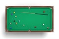 3d rendering of an isolated billiard table in a top view with one cue stick and many colorful balls lying around.