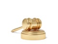 3d rendering of an isolated judge gavel resting on a sound block on a white background.