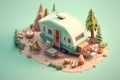 3d rendering isometric camping trailer on the ground with pine trees