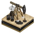 3D rendering of isometric oil rig extracting liquid oil from well in developed field top view. Environmental pollution problem.