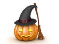 3D Rendering of jack o lantern witch hat and magic broom Royalty Free Stock Photo
