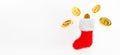 3d rendering for jackpot winner, casino poker and budget concept. Red Christmas sock isolated on white background abstract with Royalty Free Stock Photo