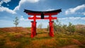 Japanese traditional gate Torii, symbol of Shintoism .Natural landscape 3D render