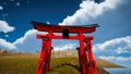 Japanese traditional gate Torii, symbol of Shintoism .Natural landscape 3D render