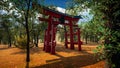 Japanese traditional gate Torii, symbol of Shintoism .Natural landscape 3D render