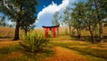 Japanese traditional gate Torii, symbol of Shintoism .Natural landscape 3D render