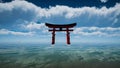 Japanese traditional gate Torii, symbol of Shintoism .Natural landscape 3D render