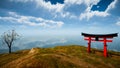 Japanese traditional gate Torii, symbol of Shintoism .Natural landscape 3D render