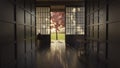 japanese wooden corridor with shoji sliding doors in the evening sunlight Royalty Free Stock Photo