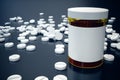 3D rendering Jar for pills, white pills scattered on the surface. Medicines for treatment. Pharmaceutical preparation