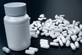 3D rendering Jar for pills, white pills scattered on the surface. Medicines for treatment. Pharmaceutical preparation