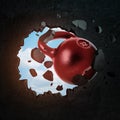 3d rendering of a kettlebell punching a big round hole in a black wall with blue sky seen through the hole.