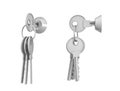 3d rendering of keylocks with keys in side view and 45 degrees view with one key hanging below