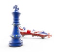 3D rendering of king pawn with European Union flag standing and pawn with UK flag fallen over