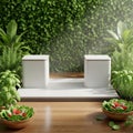 3d rendering kitchen countertop product display with fresh salad and plants Royalty Free Stock Photo