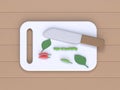 3d render knife chopping board and chili pepper vegetable top view on wood table cartoon style cooking kitchen concept