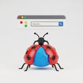 3D rendering of a ladybug with a cracked shell and a browser window with a search bar Royalty Free Stock Photo